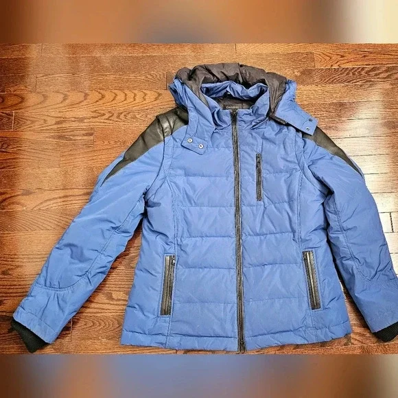 Danier Winter  Down Filled Leather Blue Black Jacket size L Fitted - Picture 2 of 14